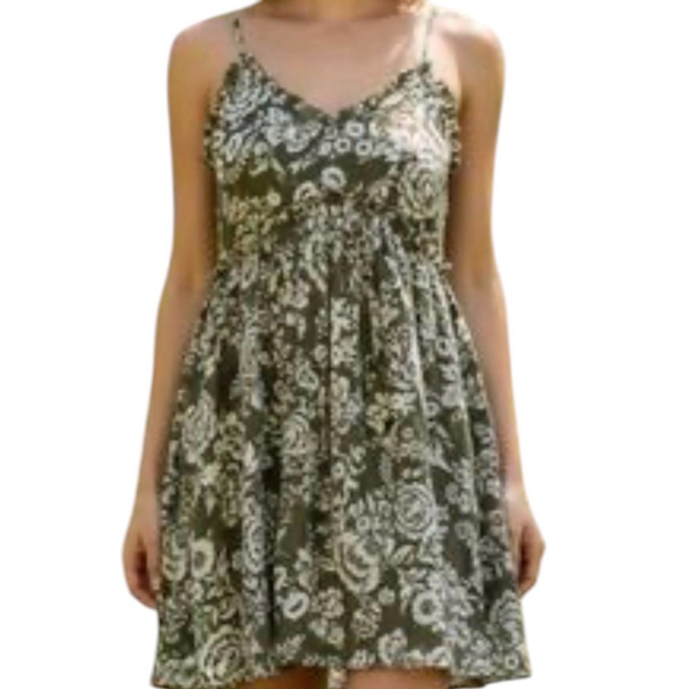 Patrons of Peace Olive Green Floral Spaghetti Strap Mini Dress  Size L EUC Fairy